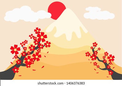 Background of branch red sakura blossom japan cherry tree composition with rising sun fuji mountain orange style vector.