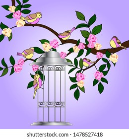 background with branch, roses and leaves, birds on tree, cage