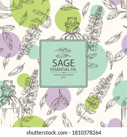 Background with branch of sage, leaves, flowers and bottle of sage essential oil. Cosmetic, perfumery and medical plant. Vector hand drawn illustration.