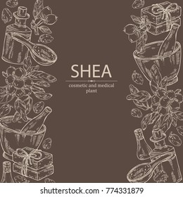 Background with branch shea, shea nut, essential oil, soap and bath salt . Cosmetic, perfumery and medical plant. Vector hand drawn illustration. 