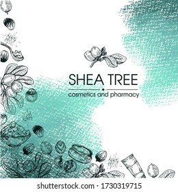 Background with branch Shea tree with fruits, nuts, leaves and Shea butte. Detailed hand-drawn sketches, vector botanical illustration. For cosmetics, medicine, aromatherapy.