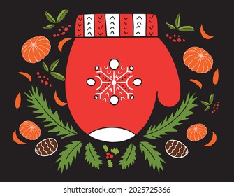 Background with branches and berries of rowan. Rowan seamless pattern. Tangerines whole and slices on a black background. Christmas warm mittens. For fabrics, textiles, tableware design, packaging