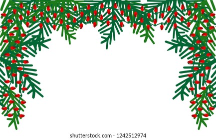Background with branches christmas tree and red holiday lights. Merry Christmas and Happy New Year.