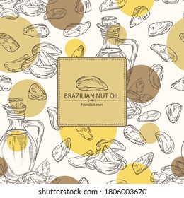Fondo con nu brasileña y botella de aceite de nuez brasileño. Ilustración dibujada a mano por el vector