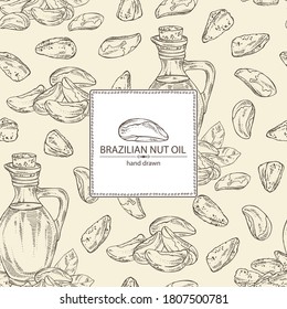 Hintergrund mit brasilianischem Nu und Flasche brasilianischem Nussöl. handgezeichnete Vektorgrafik