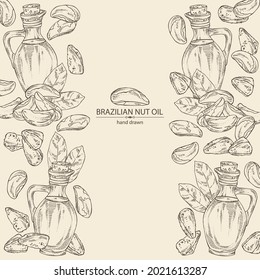 Background with brazilian nu and bottle of brazilian nut oil. Vector hand drawn illustration