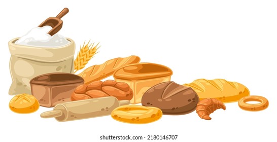 Background with bread and all for baking. Image for bakeries and groceries. Healthy food.