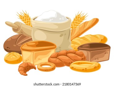 Background with bread and all for baking. Image for bakeries and groceries. Healthy food.