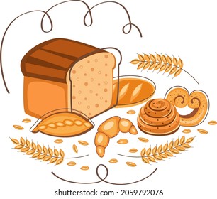 Background with bread and pastries in vintage style