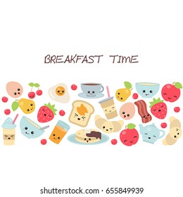 Background with breakfast food and beverages. Design card. Cute cartoon characters.