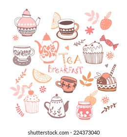 Background Breakfast Poster. Vector illustration. Breakfast, tea, piece of cupcake and fruits. 