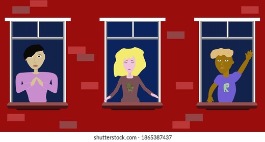 Background of a brick wall of a house with people in the Windows. People's feelings. Design of the evening building. Vector illustration.