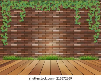 Background brick wall, ivy, and the board and grass.