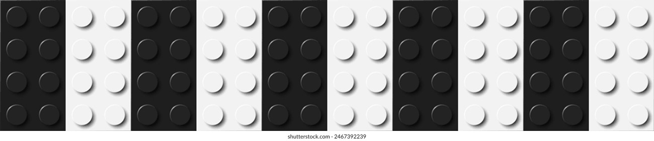 Background of bricks in black and white colors. Many plastic building toy blocks banner. Close-up of a colorful bricks viewed from above. Abstract vector background illustration