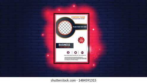 
background bricks and company banners with red neon surrounding it