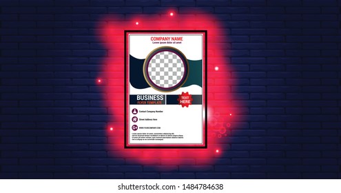 
background bricks and company banners with red neon surrounding it