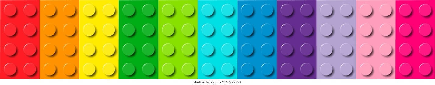 Background of bricks in different colors. Many plastic building toy blocks banner. Close-up of a colorful bricks viewed from above. Abstract vector background illustration