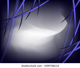 Background. Bright abstract dark blue pattern with branches of tropical leaves in 3-d style. Vector template for web design, postcard, valentine, product presentation, show plinth.