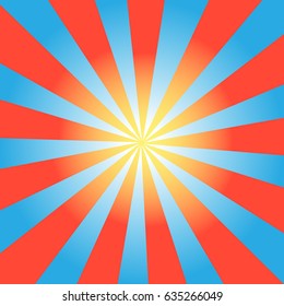Background bright abstract with red sun rays on blue