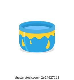 Background of bright beach with blue sky and isolated green shovel in sand child fun vacation object for summertime trip and plastic play full pail for recreation and digging activity

