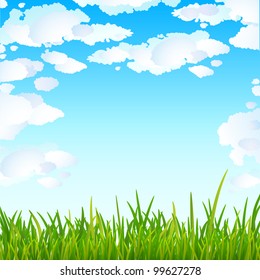 Background with bright blue sky and green grass