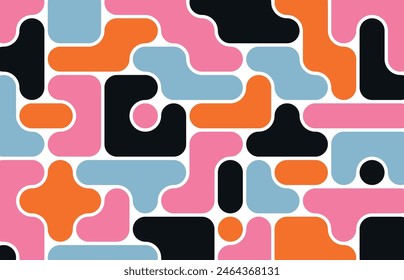 background with bright color liquid connected circle dots.metaballs tetris seamless pattern on white. abstarct geometric shapes collection. Point movement flat icon. tileable maze style