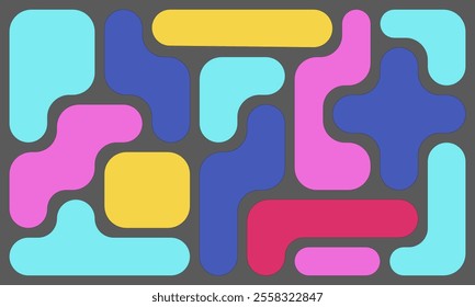 background with bright color liquid connected circle dots. metaballs tetris seamless pattern on black background. abstract geometric shapes collection.