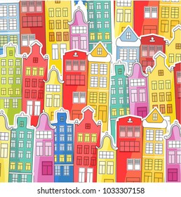 Background of bright, colored houses. Vector illustration in a flat style. Suitable for cover of books, notebooks, covers. For fabrics and souvenirs