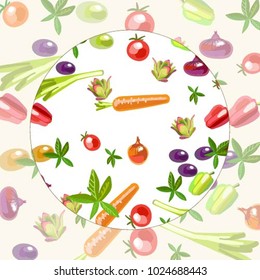 Background with bright colored vegetables and fruits. Vector illustration

