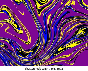 Background With Bright Colorful Fluid Paint Waves, Abstract Marble Texture. Yellow, Purple, Blue, Black Swirl Paint Vector Texture.