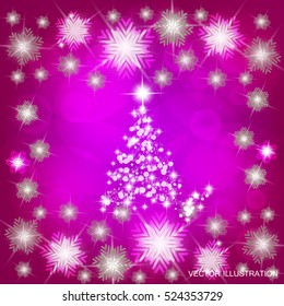 Background in bright colors with christmas tree, snowflakes and lights. Bright vector illustration in pink and white colors.