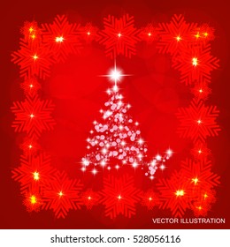 Background in bright colors with christmas tree, snowflakes and lights. Bright vector illustration in red and white colors.