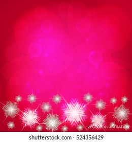 Background in bright colors with snowflakes and lights. Bright vector illustration in pink and white colors.