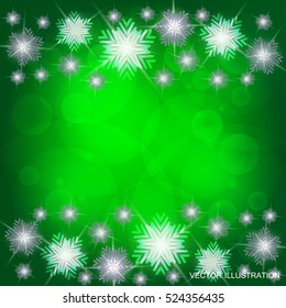 Background in bright colors with snowflakes and lights. Bright vector illustration in green and white colors.