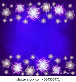 Background in bright colors with snowflakes and lights. Bright vector illustration in blue and white colors.