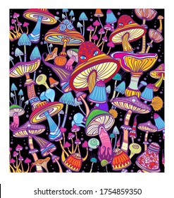 Background with bright, decorative, fantastic mushrooms. Vector hand drawn illustration