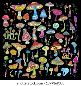 Background with bright, decorative mushrooms Vector hand drawn illustration