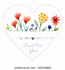 Background with bright flowers and heart shape frame. Can be used as valentine card, greeting card or invitation