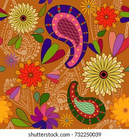Background with bright flowers, leaves and decorations. Vector seamless pattern.
