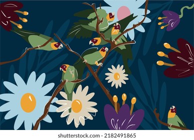 background with bright flowers and parrots