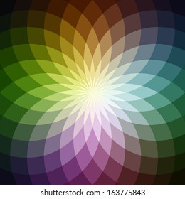 Fondo con flor geométrica brillante. Luz espectral de flujo.