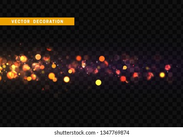 Background of bright glow bokeh. Christmas golden lights. bright night explosion transparent vector