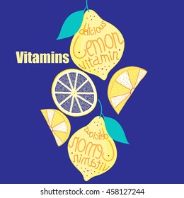 Background with bright lemon and slices on a blue background