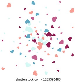 Background from bright multi-colored confetti. Festive heart shaped confetti. Joyful confetti on a white background.
