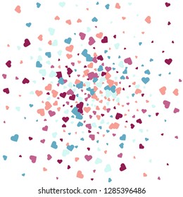Background from bright multi-colored confetti. Festive heart shaped confetti. Joyful confetti on a white background.