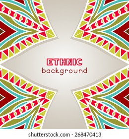 Background with bright ornament. Abstract border with ethnic pattern. Copy space. Vector template for greeting card, invitation or poster.