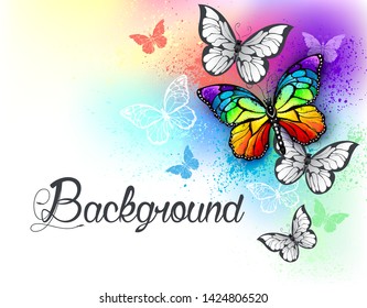 Background with bright paint, colors and flying realistic, rainbow and white butterflies.