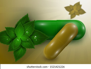 Background with bright pills, capsules, natural leaves of a medicinal plant. Vitamin pills for health. Poster banner for the site. Pharmacy, natural medicines. Vector illustration