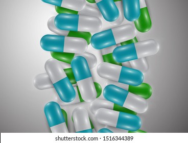 Background with bright pills, capsules. Vitamin pills for good health and antibiotics. Poster banner for website. Pharmacy, painkiller capsules and medications. Vector illustration