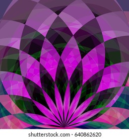 Background with bright purple and black geometric flower. Flow spectral light. Geometric shapes with many lotus petals. Vector pattern. Technology background for your design
